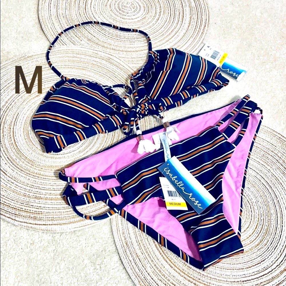 NWT M IsabellaRose Broadway stripe navy bikini set